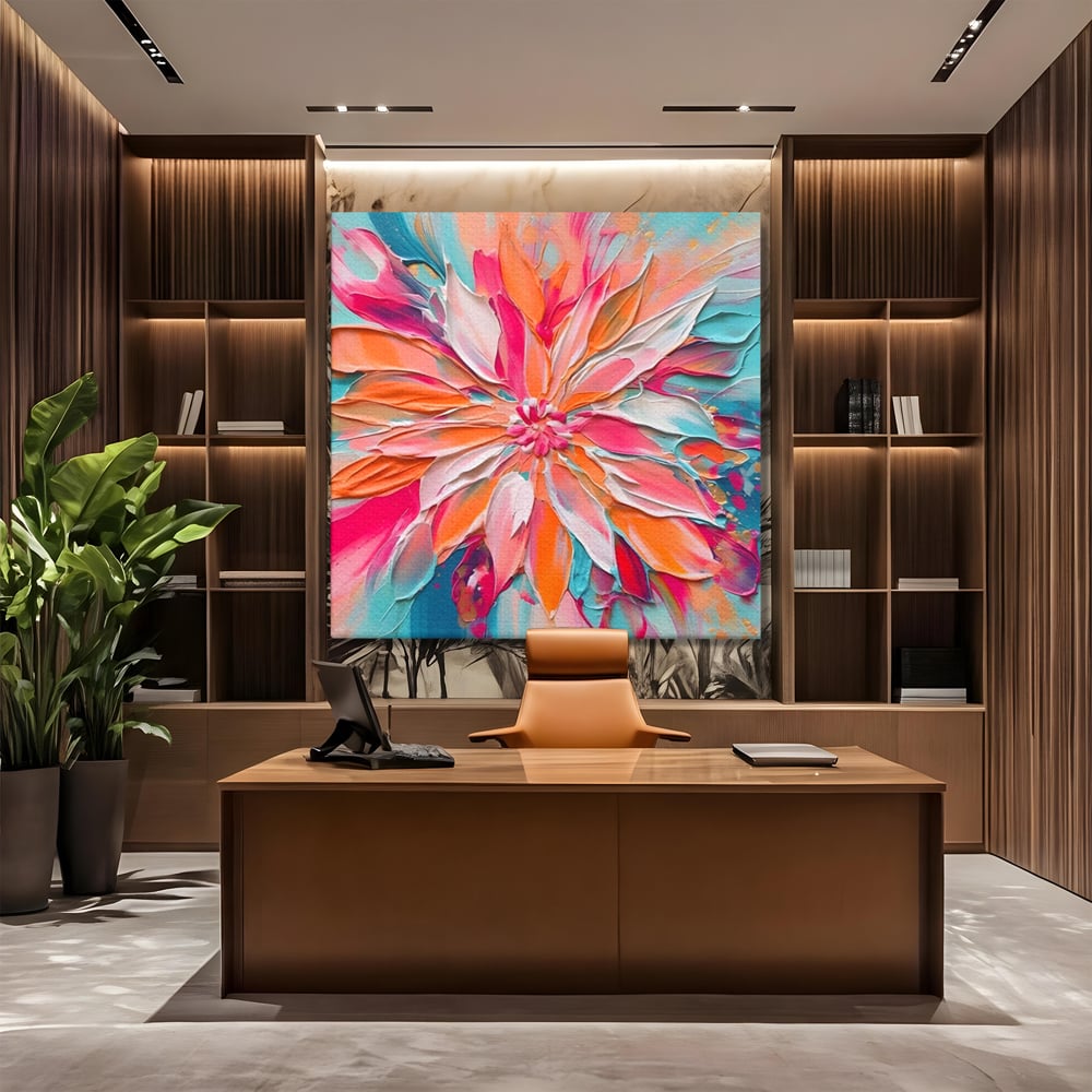 Tablou canvas cu pictura cu floare texturata in relief, fara rama, pe sasiu de lemn, pe perete intr-un birou